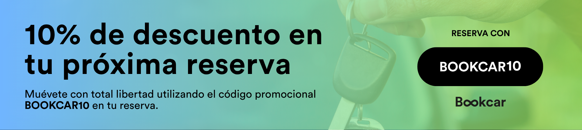 Banner promocional del 10% de descuento en alquiler de coches con el código BOOKCAR10 en Bookcar
